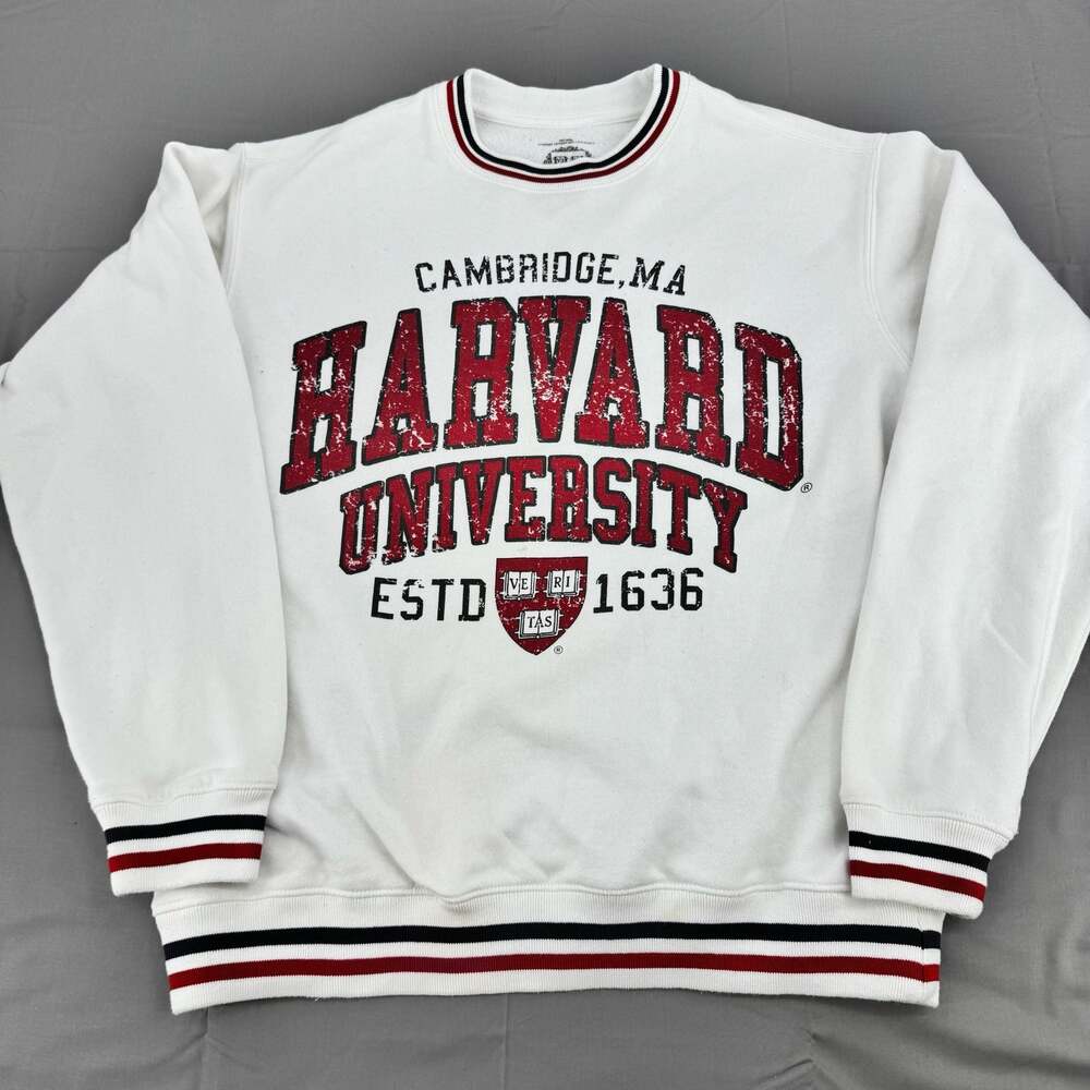 Harvard University Licensed Crewneck Sweatshirt White with Distressed Graphic